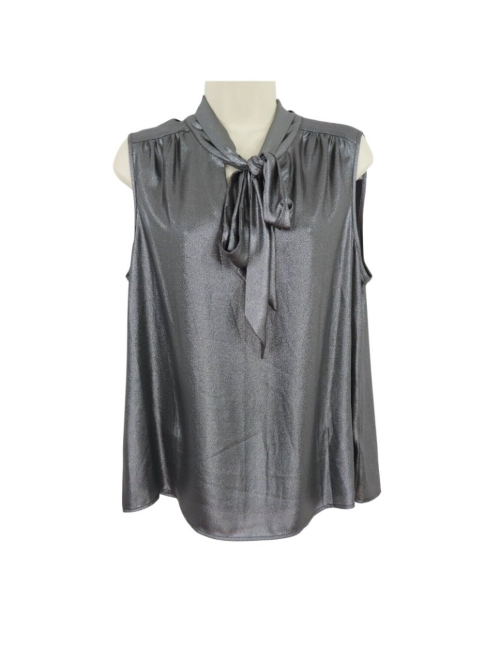 Calvin Klein Womens Large Metallic Silver Gray Sleeveless Neck Tie Shirt Blouse - Picture 8 of 8